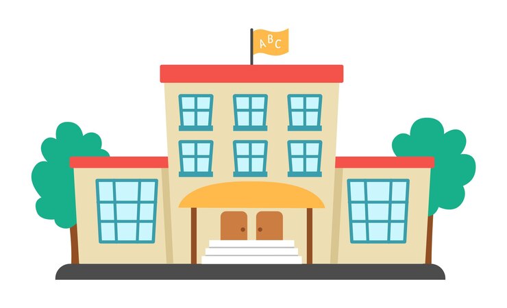 Vetor edifício escolar vetorial com árvores e bandeira isoladas em fundo branco ilustração plana de volta à escola conceito educacional bonito xa