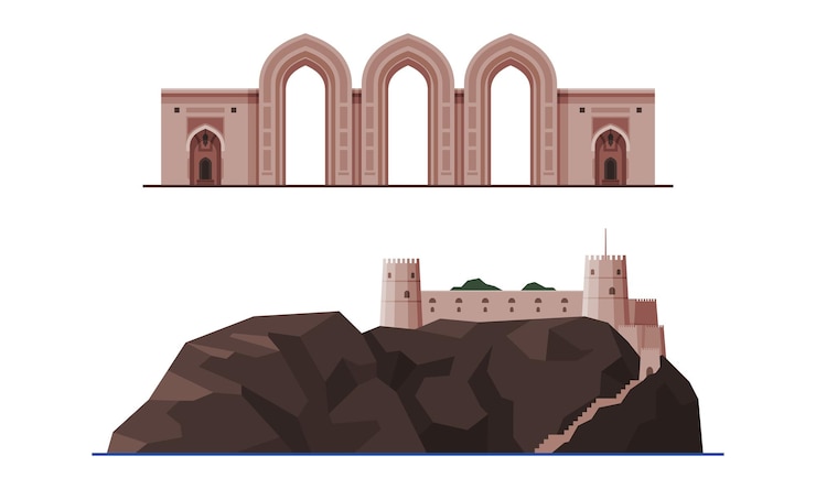 Vetor edifício histórico e marcos da cidade de muscat, oman, com o forte de nizwa e o conjunto vector de arco