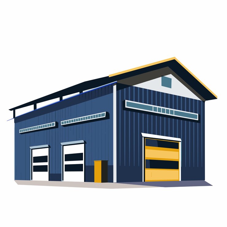 Vetor edifício industrial moderno com exterior azul e sotaques amarelos na luz do dia brilhante