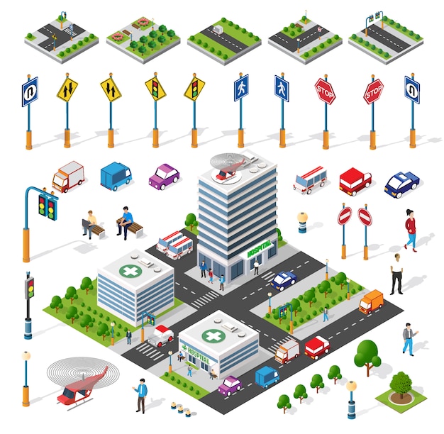 Vetor edifício isométrico conjunto abriga ícones do módulo de blocos