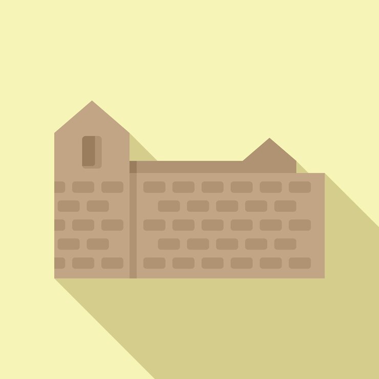 Vetor edifício medieval com torre e parede de pedra ícone de design plano com longa sombra