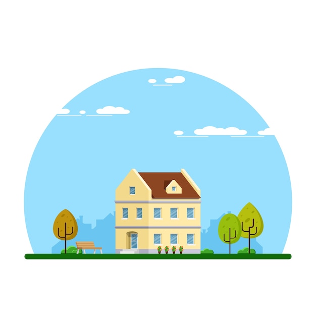 Edifício moderno de townhouse urbano e suburbano. banner do conceito de bens imobiliários. ilustração de estilo simples