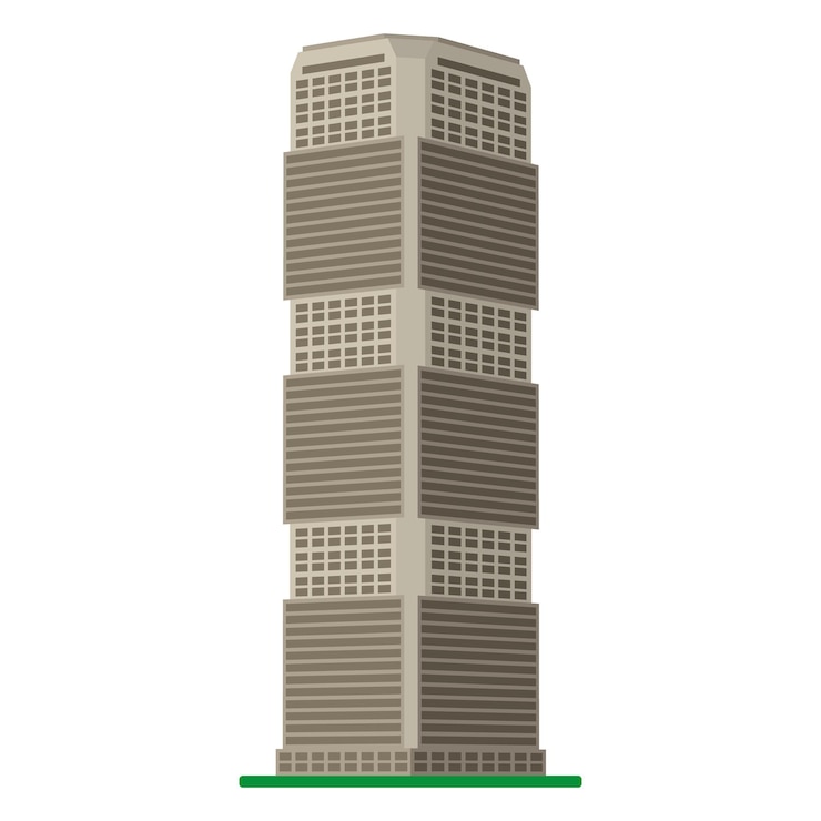 Vetor edifício moderno e alto em um fundo branco. vista da parte inferior do edifício. ilustração isométrica do vetor.