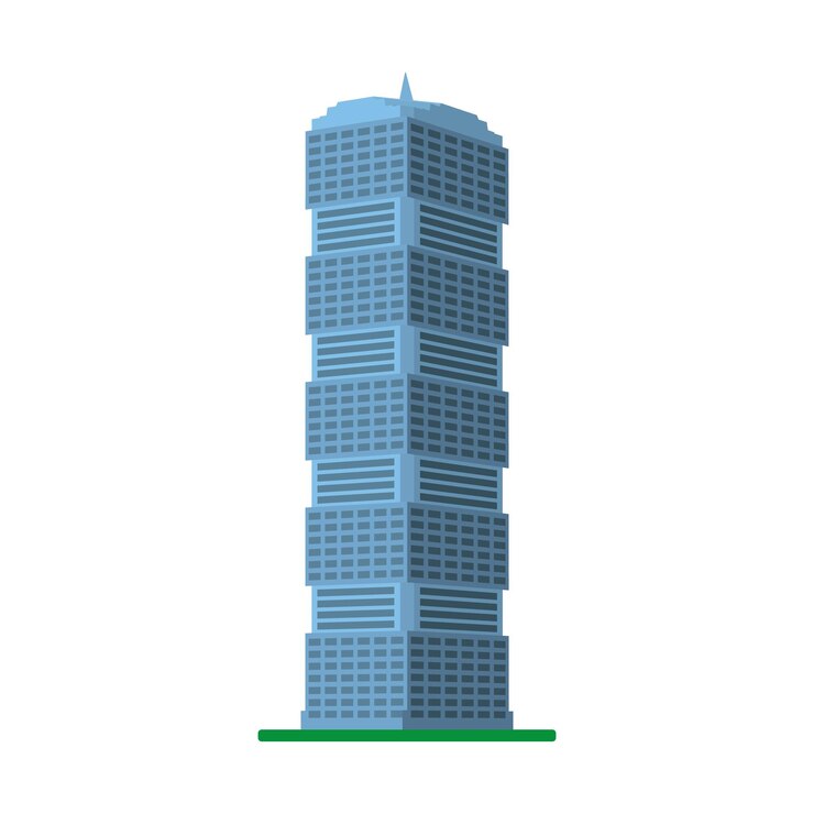 Vetor edifício moderno e alto em um fundo branco. vista da parte inferior do edifício. ilustração isométrica do vetor.
