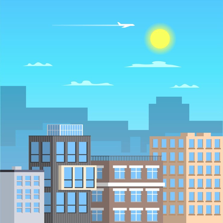 Vetor edifícios da cidade com céu azulno céu o avião voa e o sol está brilhandofundo para animação ou desenho animado