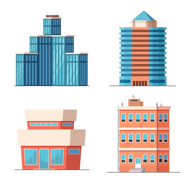 Edifícios da cidade de escritórios dos desenhos animados arranha-céus modernos torres e casas com apartamentos arquitetura da cidade de negócios