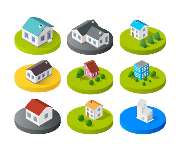 Edifícios da cidade do ícone 3D do vetor isométrico para o conjunto de conceitos da web que inclui a casa