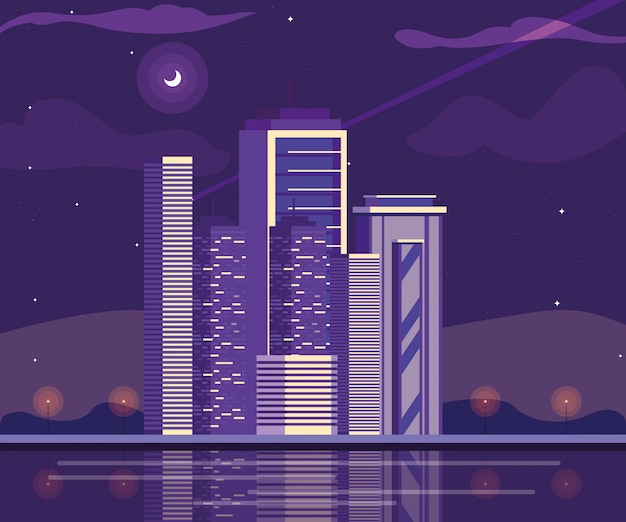 Edifícios da paisagem urbana com céu roxo