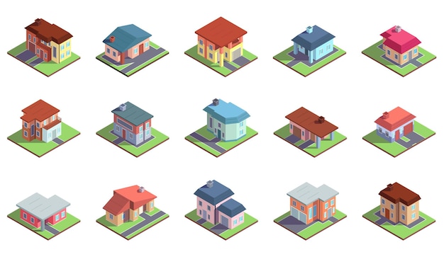 Edifícios de casa de campo residencial de país suburbano moderno isométrico. propriedade privada, conjunto de ilustração vetorial de edifícios de moradias. casas de campo confortáveis e construção de chalés isométricos