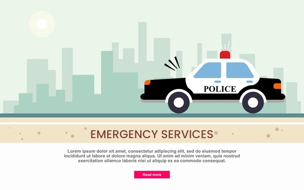 Vetor edifícios de paisagem da cidade com serviços de emergência da polícia para banner de sites infográficos