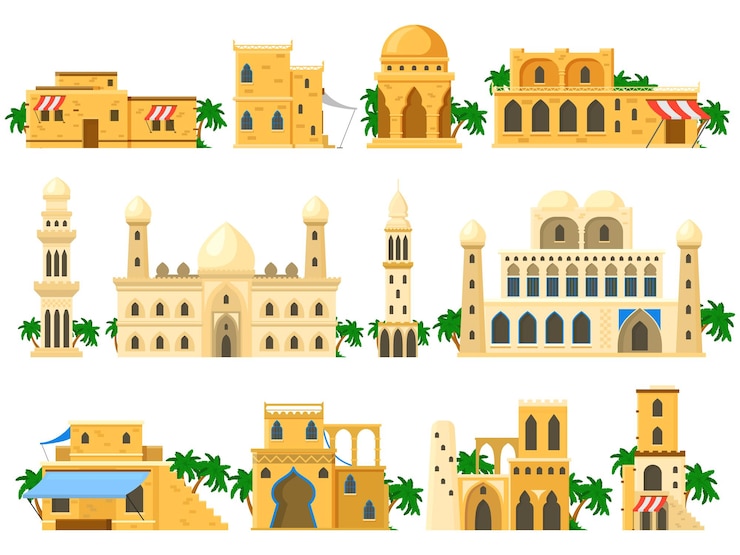 Vetor edifícios de tijolo de lama de arquitetura árabe antiga tradicional. conjunto de ilustração de vetores de edifícios de torres, casas, rotunda e castelo. arquitetura de edifícios árabes, pedra de construção antiga e tradicional