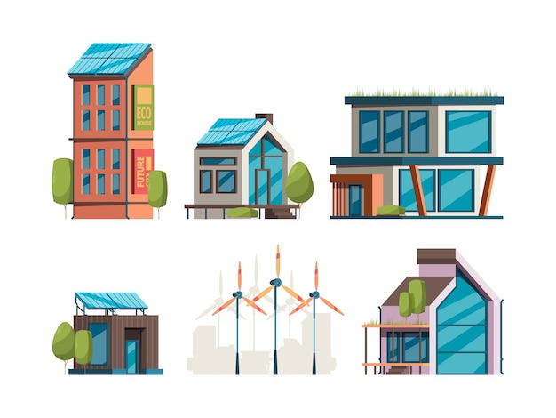 Edifícios ecológicos. painéis solares inteligentes de energia em casas, edifícios modernos e moinhos de vento berrantes ilustrações vetoriais planas vistas ortogonais. ilustração de energia solar, casas inteligentes de energia