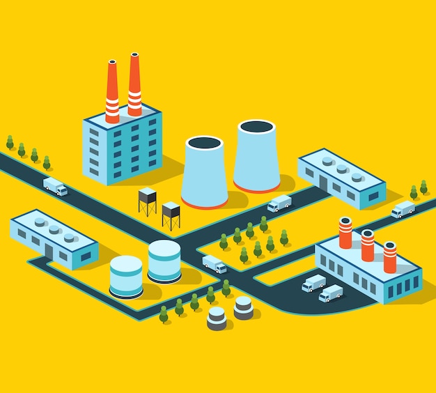 Edifícios industriais, fábricas e caldeiras em perspectiva