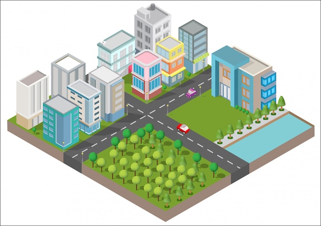 Edifícios isométricos com quintal, rio, estrada e árvores