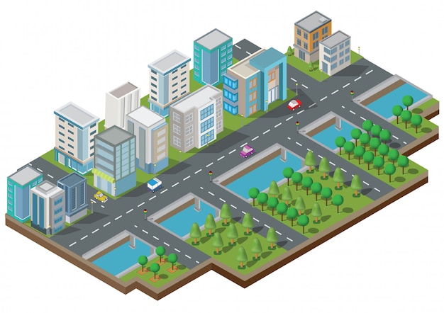 Edifícios isométricos com quintal, rio, estrada e árvores