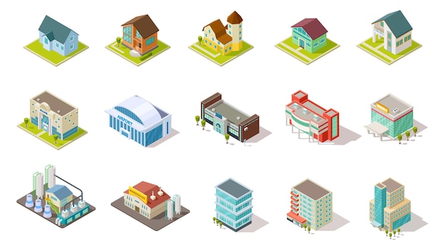 Edifícios isométricos. Infraestrutura urbana da cidade, edifícios residenciais, industriais e sociais conjunto 3d. Arquitetura de edifício residencial, aeroporto de casa, ilustração isométrica de infraestrutura