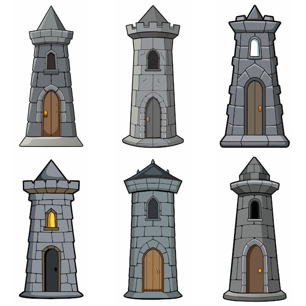 Vetor edifícios medievais de torre de tijolos de pedra castelo portão fortaleza torre de vigia edifício de pedra jogo de estilo rpg