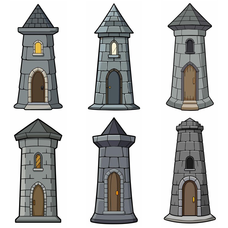 Vetor edifícios medievais de torre de tijolos de pedra castelo portão fortaleza torre de vigia edifício de pedra jogo de estilo rpg