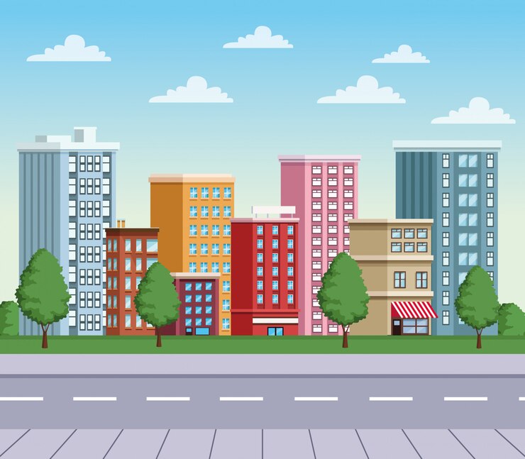 Vetor edifícios paisagem urbana com cena urbana rodoviária