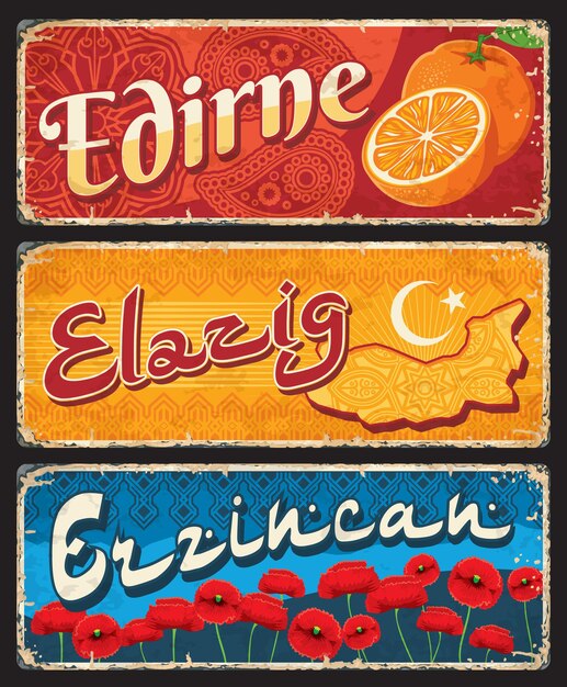 Edirne, elazig e ezzincan turco placas da província il. placas vintage de vetor de destino de viagem turquia, banners envelhecidos com frutas laranja, campo de papoulas e lua com estrela no mapa. conjunto de letreiros grunge