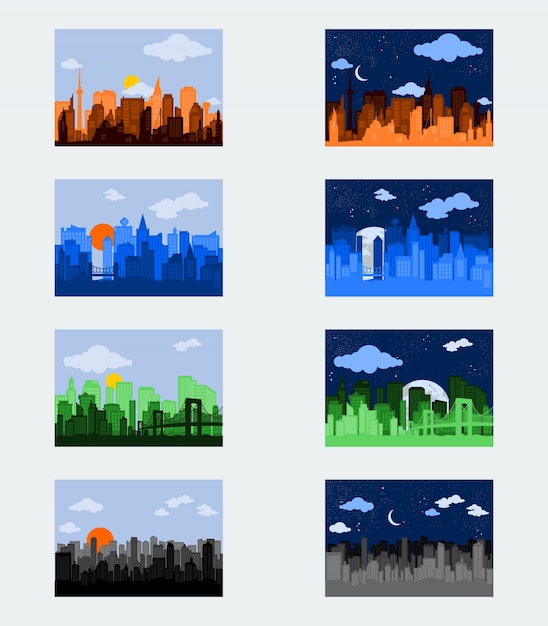 Vetor editable day and night city silhouettes ilustração vetorial