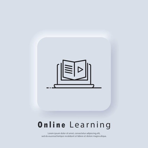 Educação à distância, ícone de e-books. educação online ou banner de exame à distância. curso de e-learning em casa, estudo online. vetor. ícone da interface do usuário. botão da web da interface de usuário branco neumorphic ui ux. neumorfismo