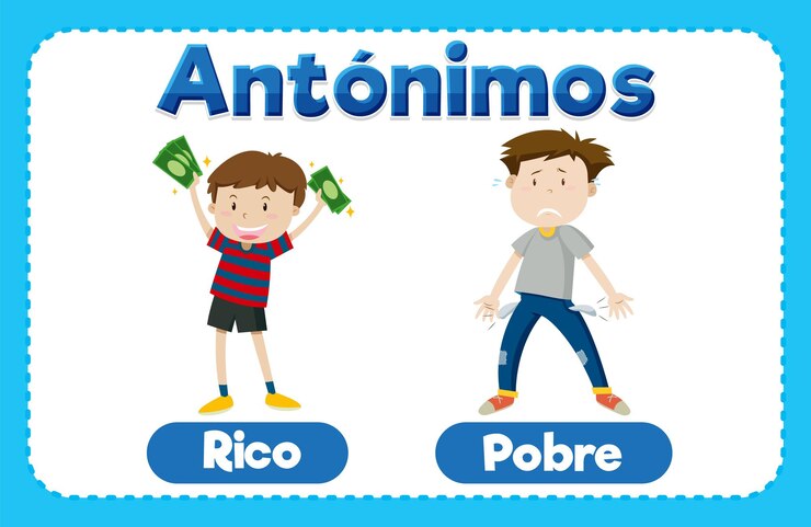 Vetor educação antônimos rico e pobre na língua espanhola