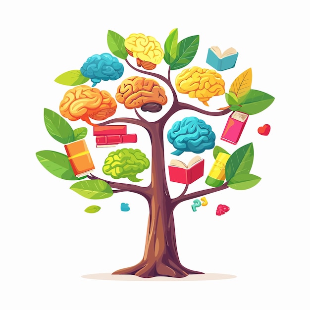 Vetor educação_concept_brain_tree_cartoon_style