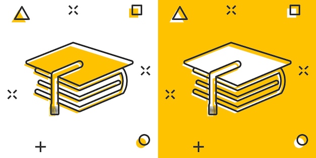 Educação de desenho animado e ícone de livro em estilo cômico ilustração de chapéu de bacharel pictograma conceito de negócio de respingo de sinal de educação