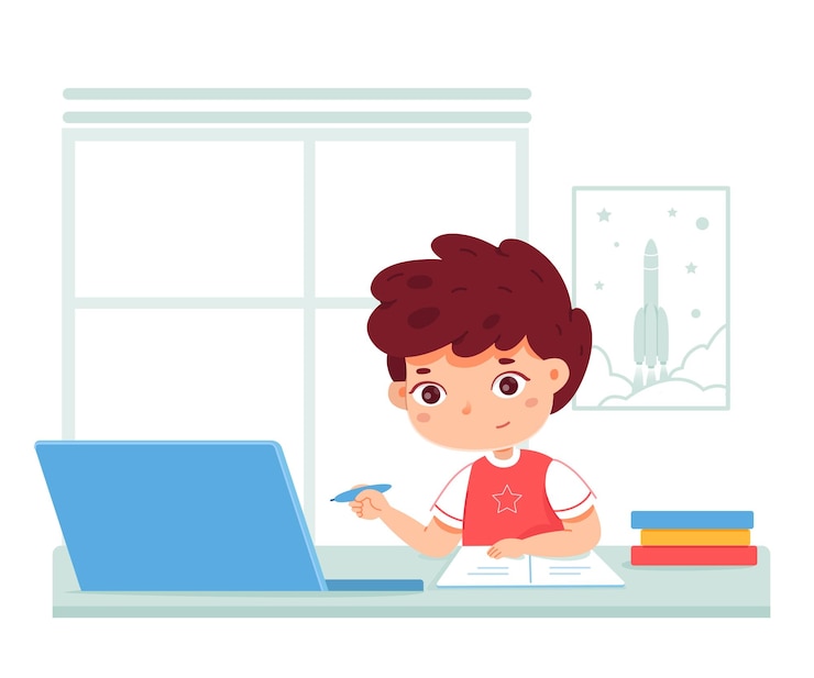 Vetor educação escolar online em casa criança estudando com laptop e livros fazendo lição de casa em apartamento aprendizado remoto usando tecnologia e comunicação digital na internet