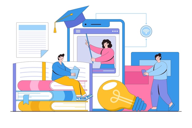 Educação on-line de negócios plana no conceito de telefone móvel Ilustração vetorial mínima de estilo de design de contorno