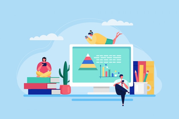 Educação on-line em casa, ilustração de treinamento. Internet estudando, tecnologia de lição on-line na tela do computador. Personagem