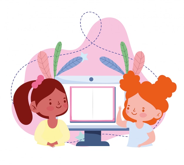 educação on-line, meninas estudantes estudando no computador