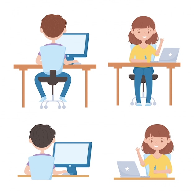 Educação on-line meninos e meninas com computador portátil na mesa de aula virtual