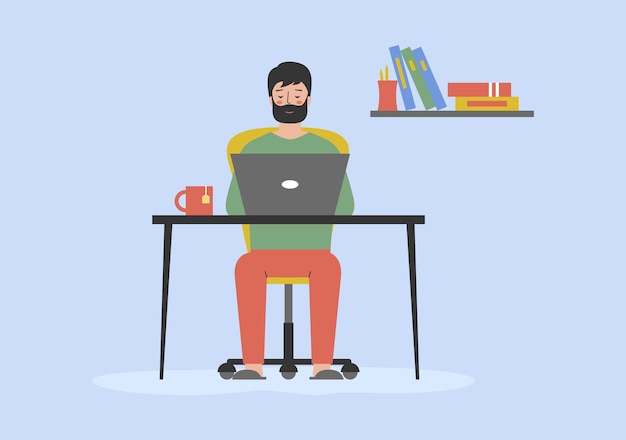 Educação on-line trabalho remoto distante trabalho freelance ou estudar conceito personagem masculino homem digitando na mesa no laptop trabalho freelance em Coworking ou escritório contorno linear ilustração vetorial plana