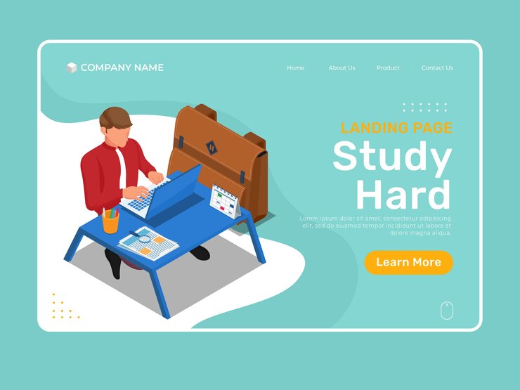 Educação online com personagem estudando muito no laptop. Modelo de ilustração isométrica da página de destino.