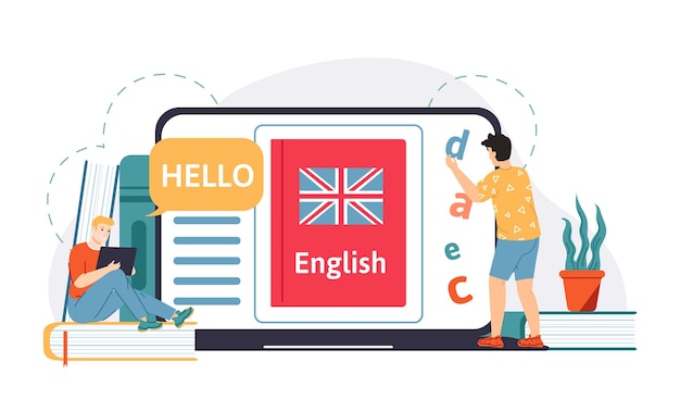 Educação online homeschooling Alunos do sexo masculino aprendendo inglês remotamente Sala de aula digital