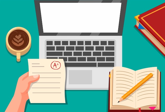 Educação online, mão segurando o exame de papel com laptop, café e conceito de livro na ilustração dos desenhos animados