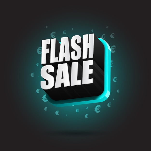 Vetor efeito 3d brilhante de venda flash com euro em fundo preto