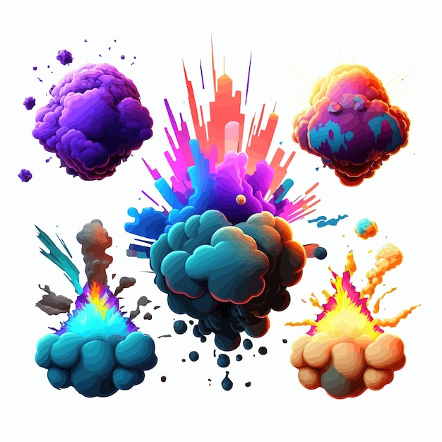 Vetor efeito de boom de bomba de jogo de explosão mágica com nuvens coloridas fumaça e fumaça isolado no fundo ilustração em vetor de desenho animado