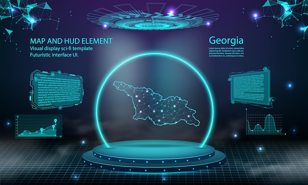 Efeito de conexão de luz do mapa da geórgia fundo abstrato tecnologia digital ui gui futurista hud virtual interface com mapa da georgia pódio futurista no nevoeiro