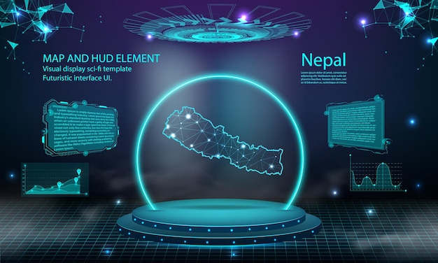 Efeito de conexão de luz do mapa do Nepal fundo abstrato tecnologia digital UI GUI futurista HUD Virtual Interface com mapa do nepal Palco pódio futurista no nevoeiro
