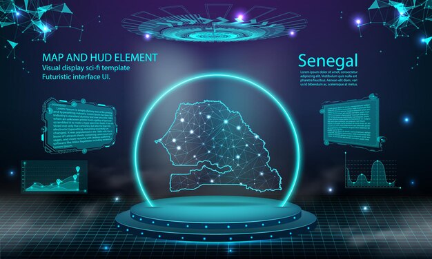 Efeito de conexão de luz do mapa do Senegal fundo abstrato tecnologia digital UI GUI futurista HUD Virtual Interface com mapa do Senegal Palco pódio futurista no nevoeiro