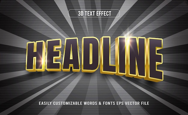 Efeito de estilo de texto editável 3d do título preto e dourado