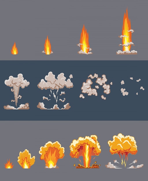 Efeito de explosão de desenhos animados com fumaça. efeito de boom em quadrinhos, explodir flash, bomba em quadrinhos, ilustração. animação de efeito de explosão. quadros de explosão estrondo dos desenhos animados. quadros de animação para o jogo