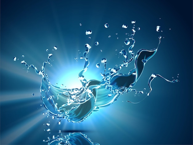 Efeito de líquido espirrando, fluido dinâmico com feixe azul na ilustração 3D