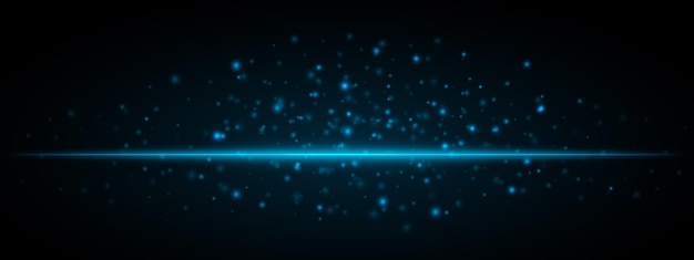 Efeito de luz azul horizontal isolado em fundo escuro Faixa de néon com linhas brilhantes e partículas cintilantes Raios abstratos Ilustração vetorial