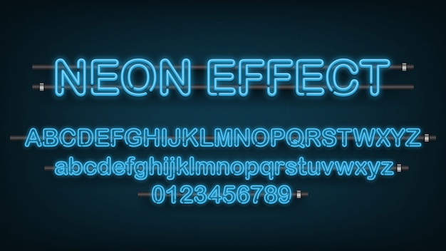 Vetor efeito de luz azul neon, alfabeto inglês e sinal de número