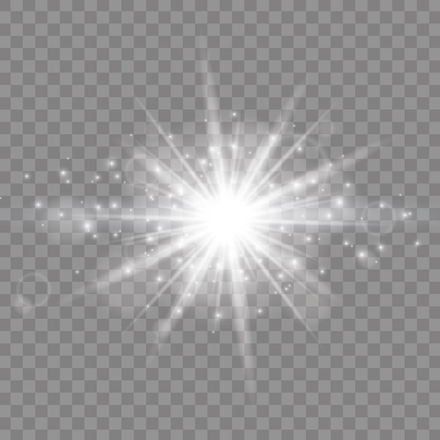 Efeito de luz brilhante starburst com brilhos no sol de fundo transparente