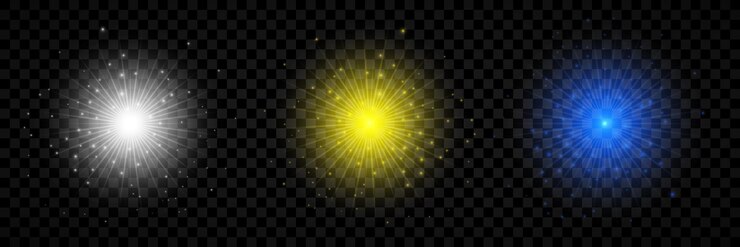 Vetor efeito de luz de reflexos de lente conjunto de três luzes brancas amarelas e azuis brilhantes efeitos starburst com brilhos em um fundo transparente ilustração vetorial